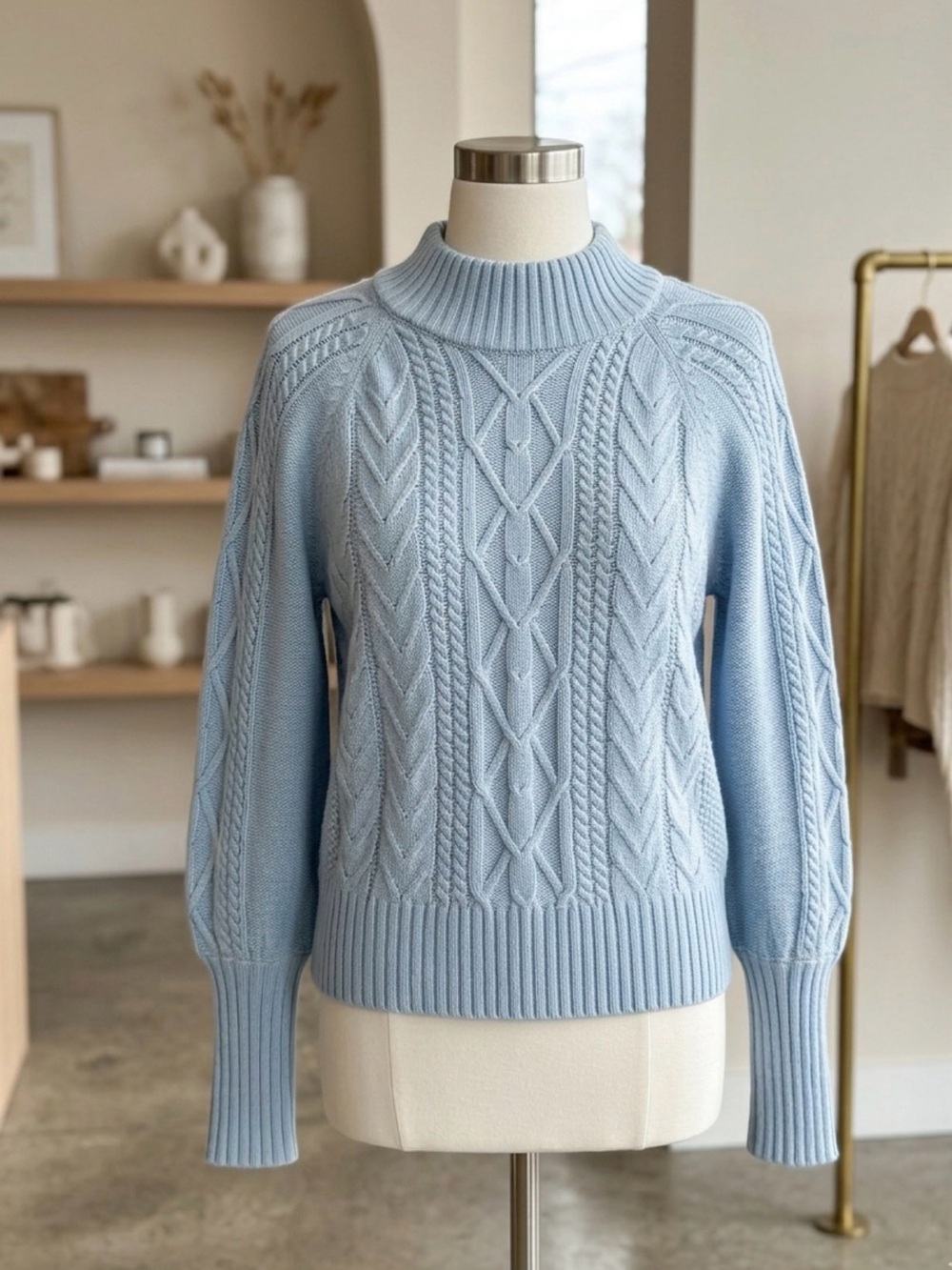 Light Blue Cable Knit Mock Neck Sweater womens size large
